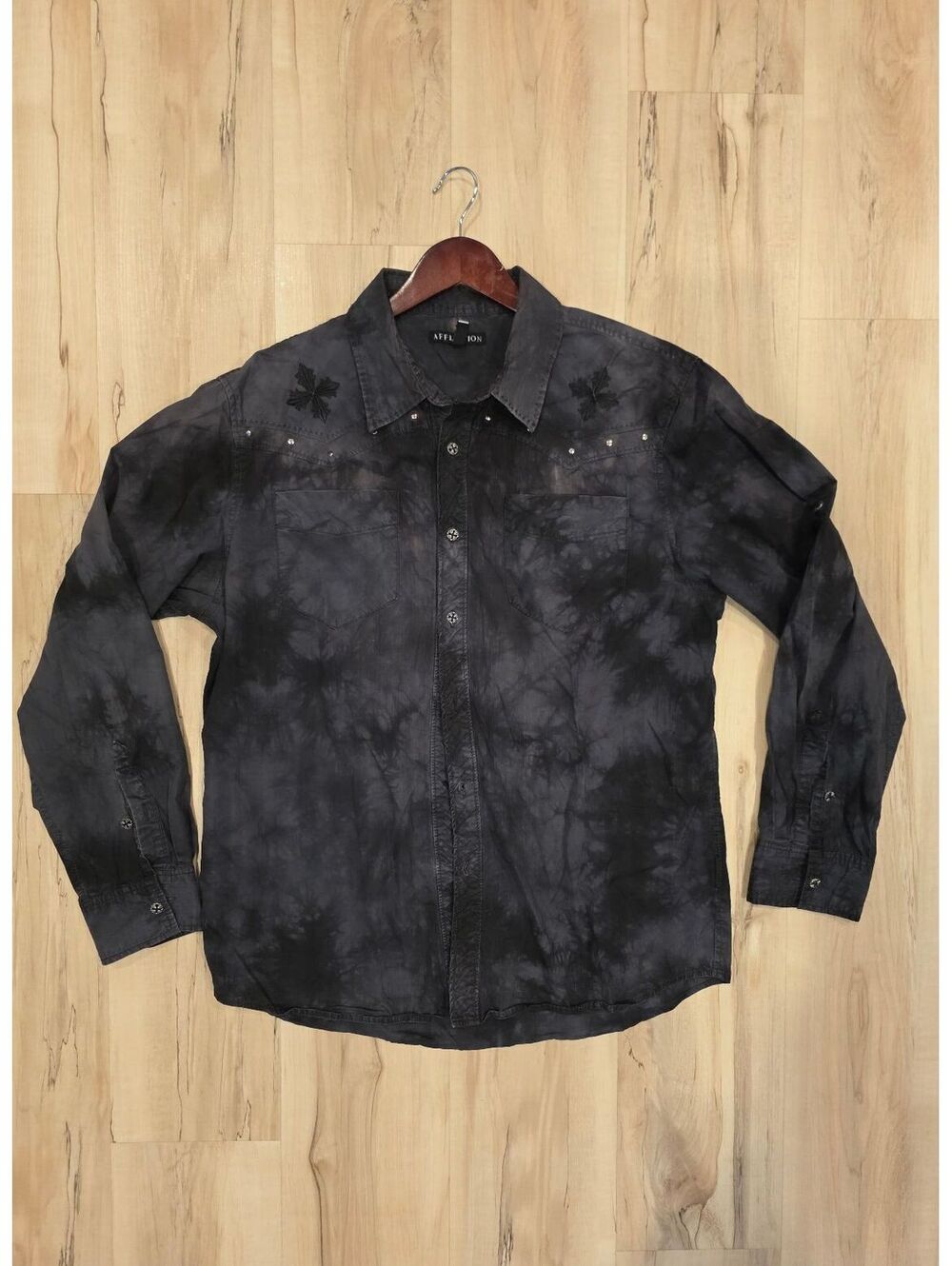 Affliction Men's XL Black Tie-Dye Cotton Button-Up Shirt with Embroidered Cross